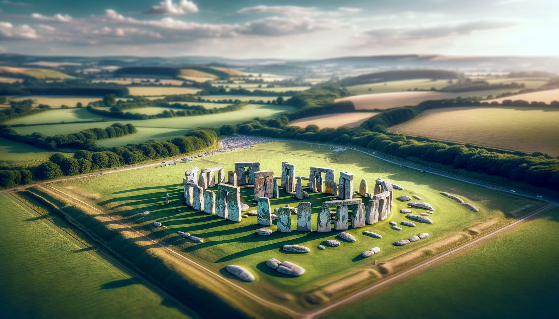 Aerial View of Stonehenge: Showcasing the entire layout of the monument in its picturesque countryside setting.